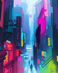 Explore vibrant, colorful neon splashes in a futuristic cyberpunk cityscape, depicted through soft cinematic haze and misty a