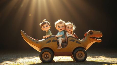 A charming prehistoric family enjoys a thrilling ride in their unique dinosaur car.  The strong, direct sunlight casts dramat