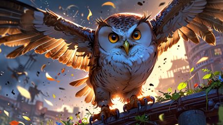 This artwork captures a dynamic and emotional scene in a blend of Pixar and anime styles. A wise blind owl stands as a flight