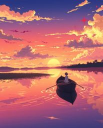 An Isekai anime-style illustration captures a boat gracefully drifting on a sunset lake. The scene is brought to life with ex