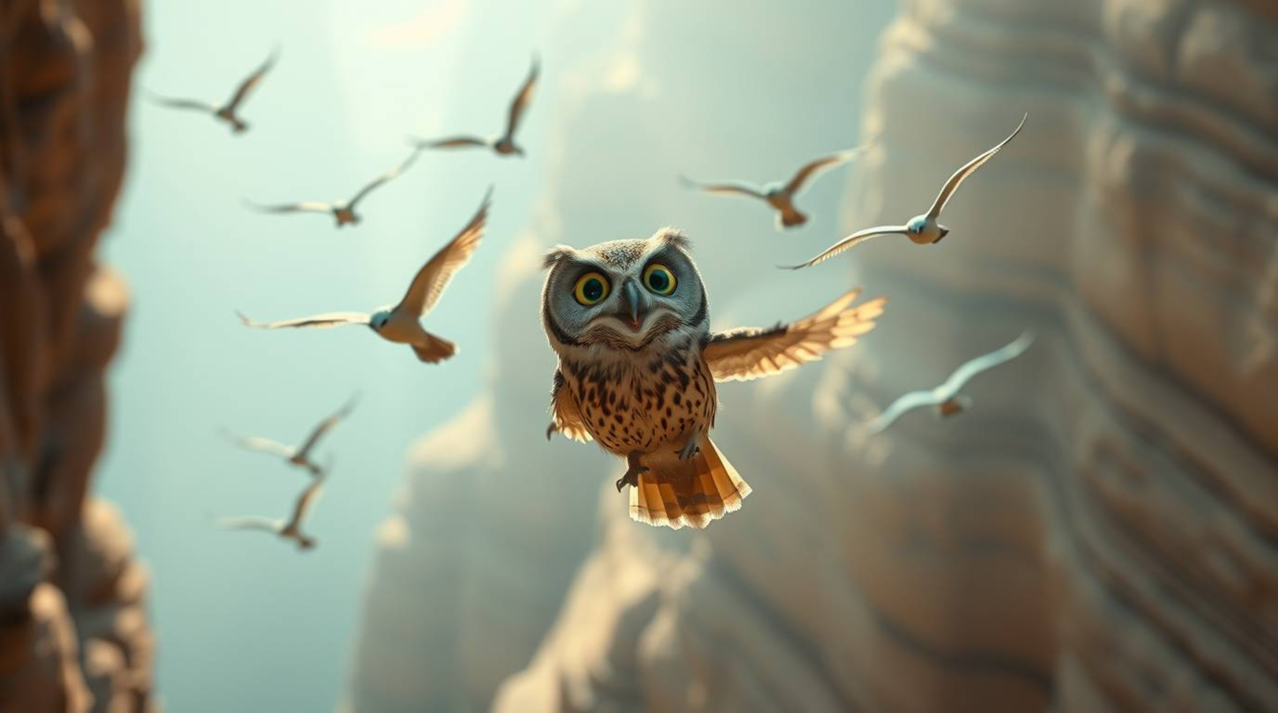 A cinematic, long exposure photograph captures a blind, Pixar-esque owl teaching birds to fly through a majestic canyon. Soft