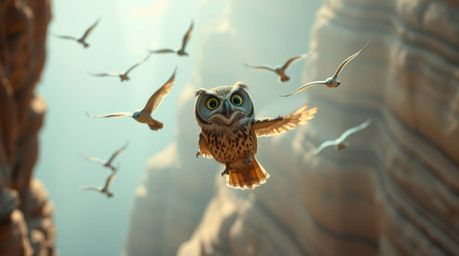 A cinematic, long exposure photograph captures a blind, Pixar-esque owl teaching birds to fly through a majestic canyon. Soft