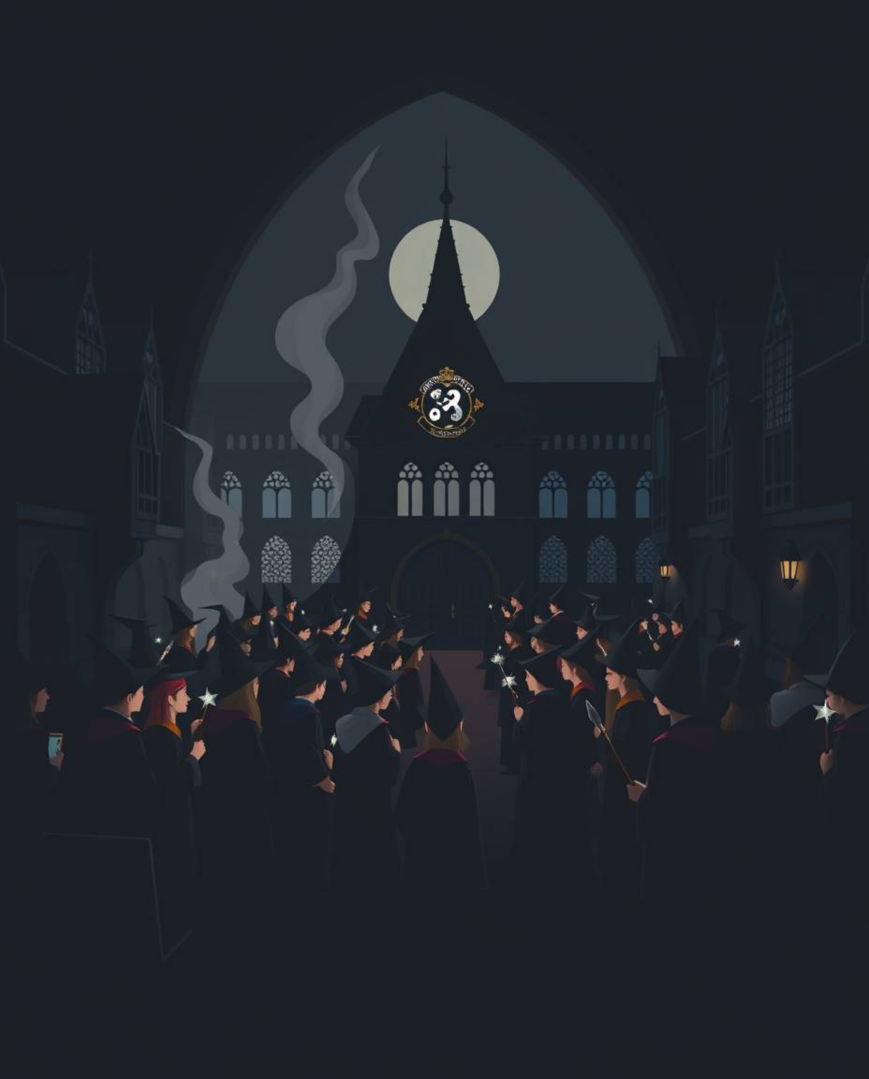 Discover a captivating minimalist illustration of a magical school brimming with young wizards.  The design features a striki