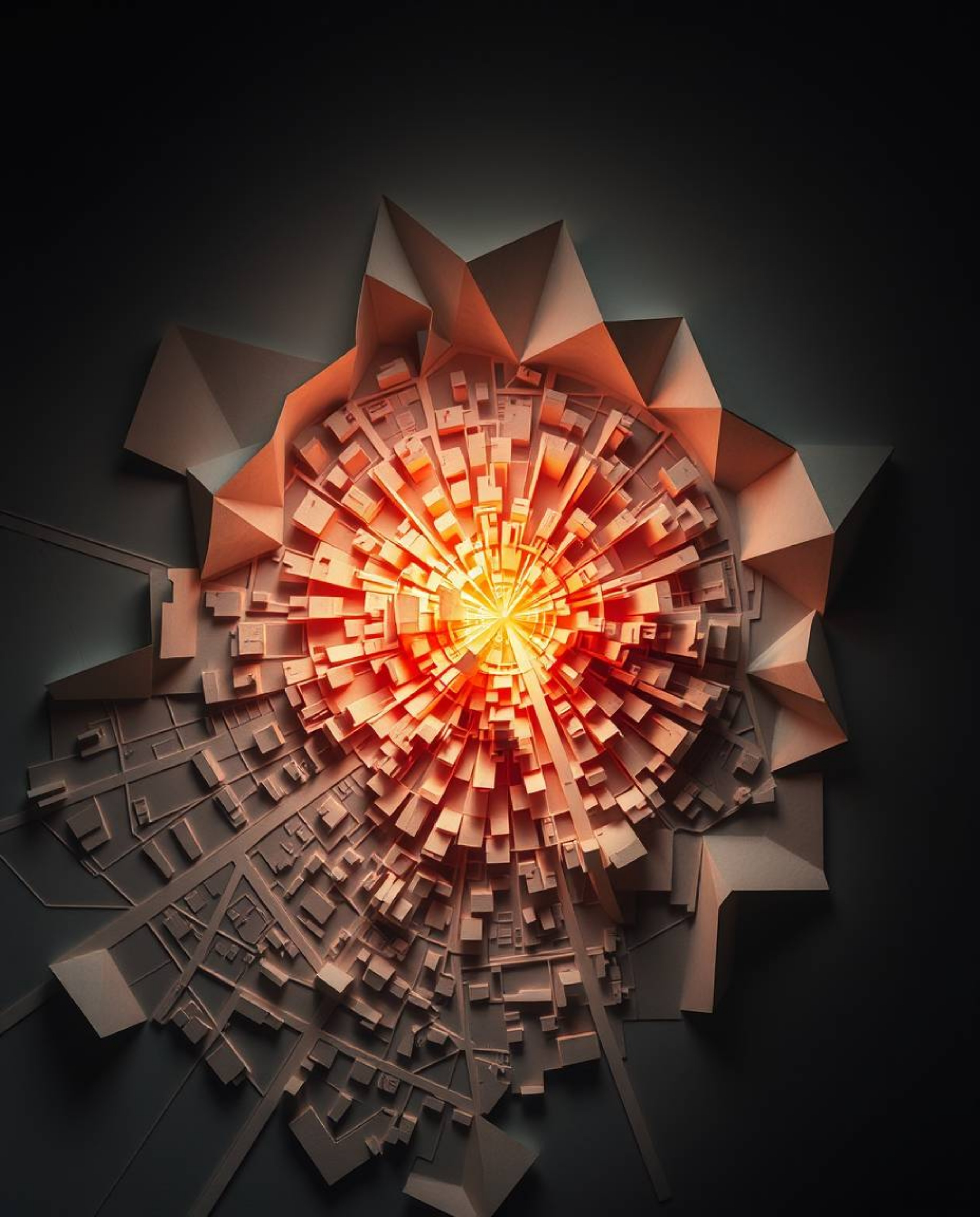 Explore an abstract city map rendered with geometric precision and intricate origami style, offering a top-down view bathed i
