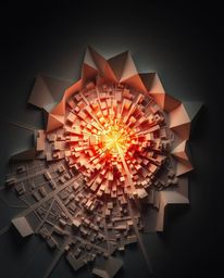 Explore an abstract city map rendered with geometric precision and intricate origami style, offering a top-down view bathed i