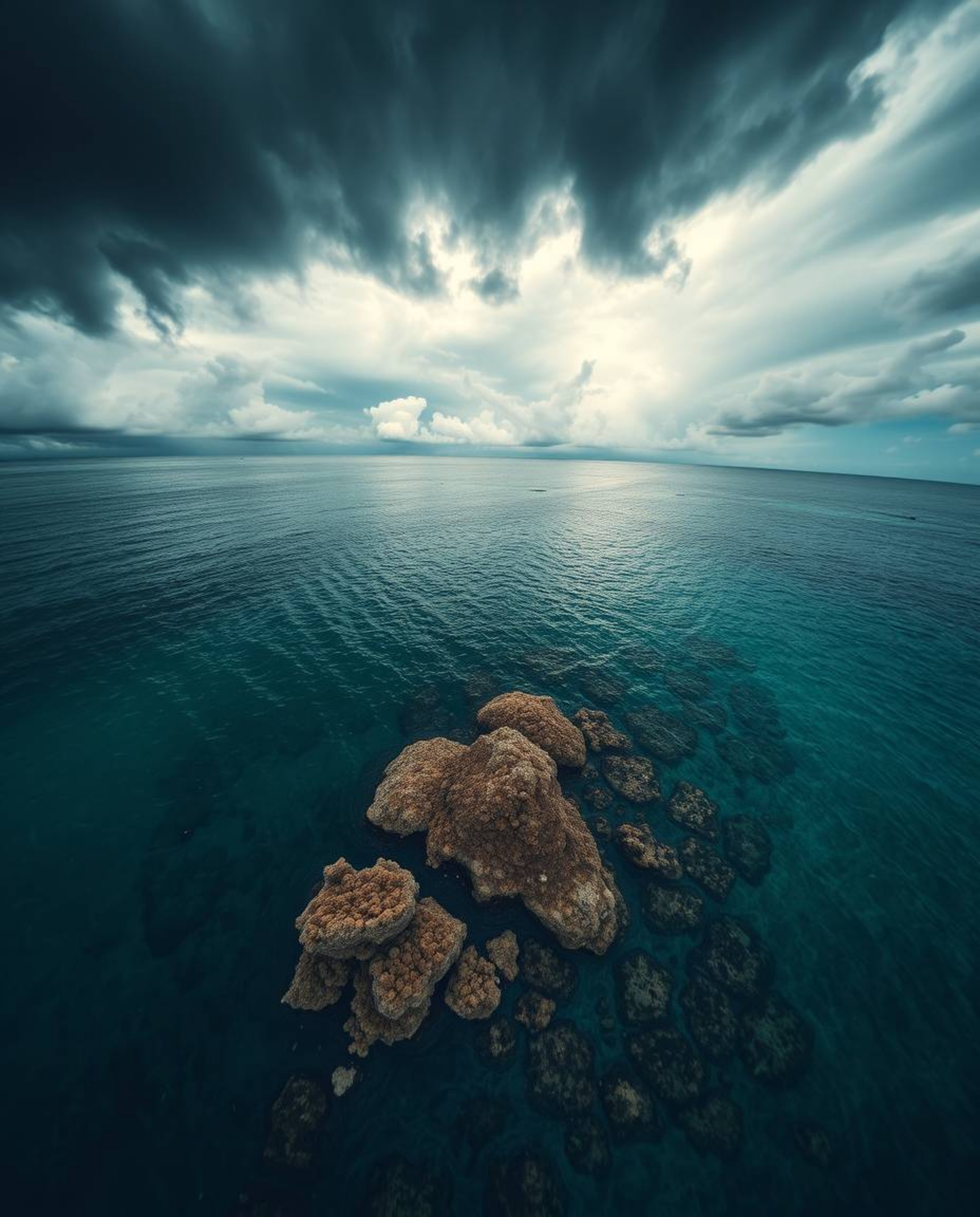 An overhead bird's eye view photograph captures a coral reef at low tide under a dramatic, stormy sky. This top-down perspect