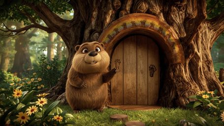 This high-resolution stock photo captures a beaver with a gentle smile meticulously building the perfect treehouse for orphan