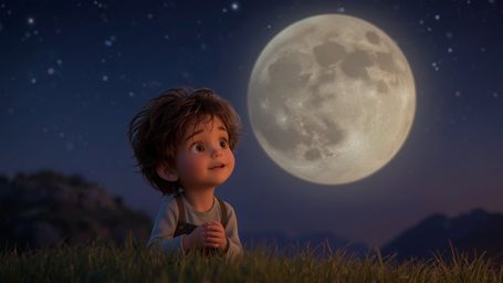 In a warmly lit, cinematic photograph reminiscent of a Pixar animated film, a curious, wide-eyed child stands on a grassy hil