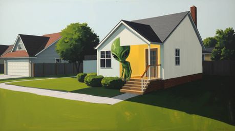 This vibrant painting depicts an alien residing in a typical suburban home, employing a distinct split composition technique.