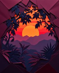 An intricate origami-style artwork depicts a sunset seen through a dense jungle canopy. The piece utilizes a striking color p