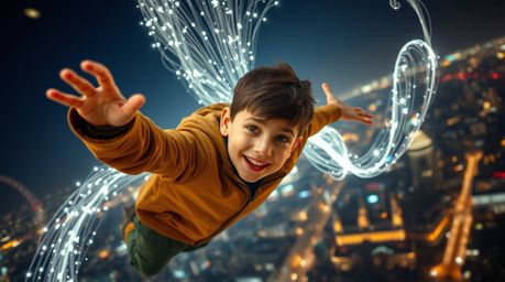 A young boy with light skin and dark hair soars above London, leaving trails of magical pixie dust in his wake. The scene is 