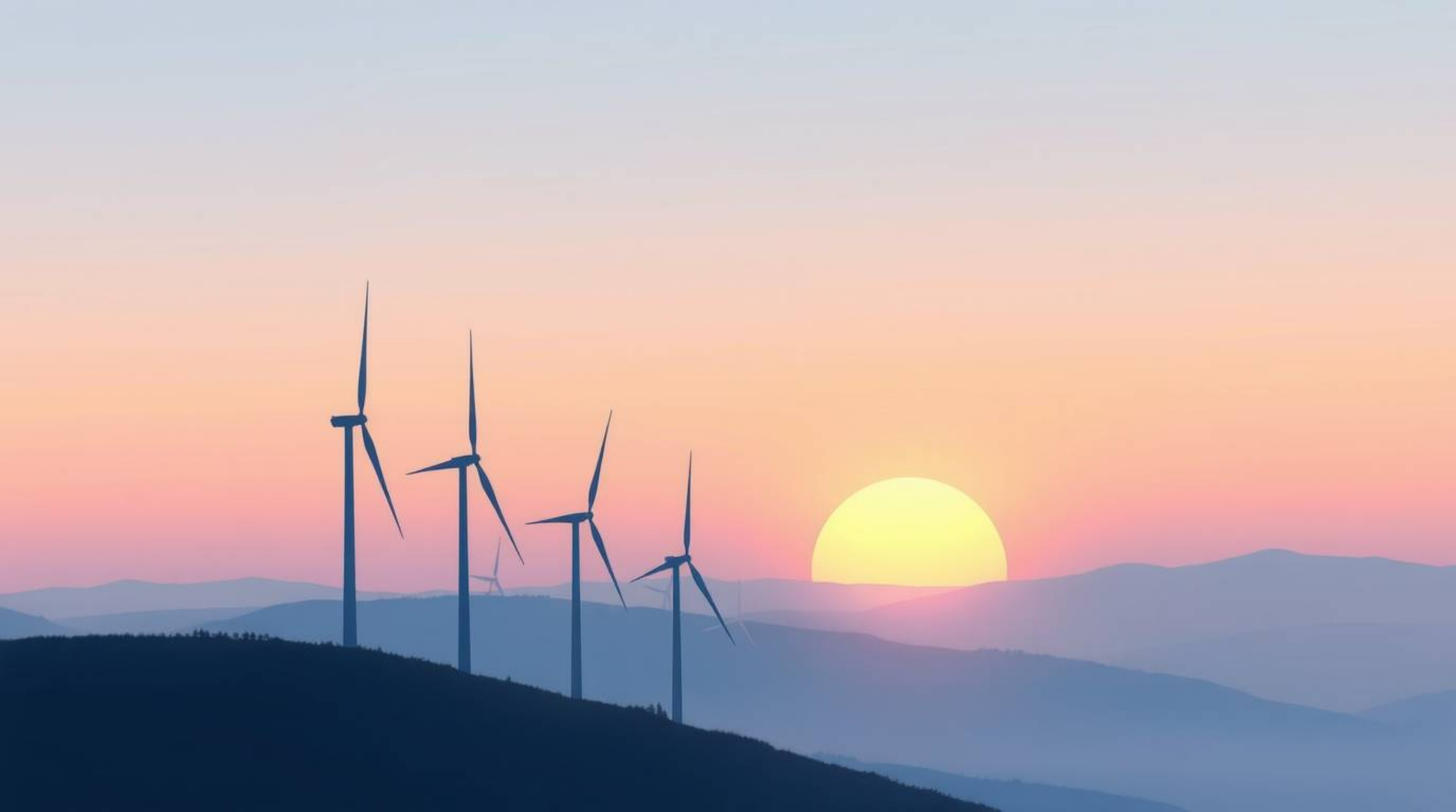 A digital painting capturing a gentle sunset in soft pastel colors graces the horizon behind a row of wind turbines atop a hi