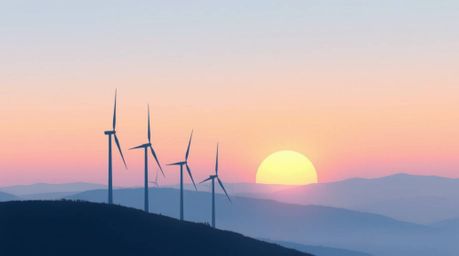 A digital painting capturing a gentle sunset in soft pastel colors graces the horizon behind a row of wind turbines atop a hi