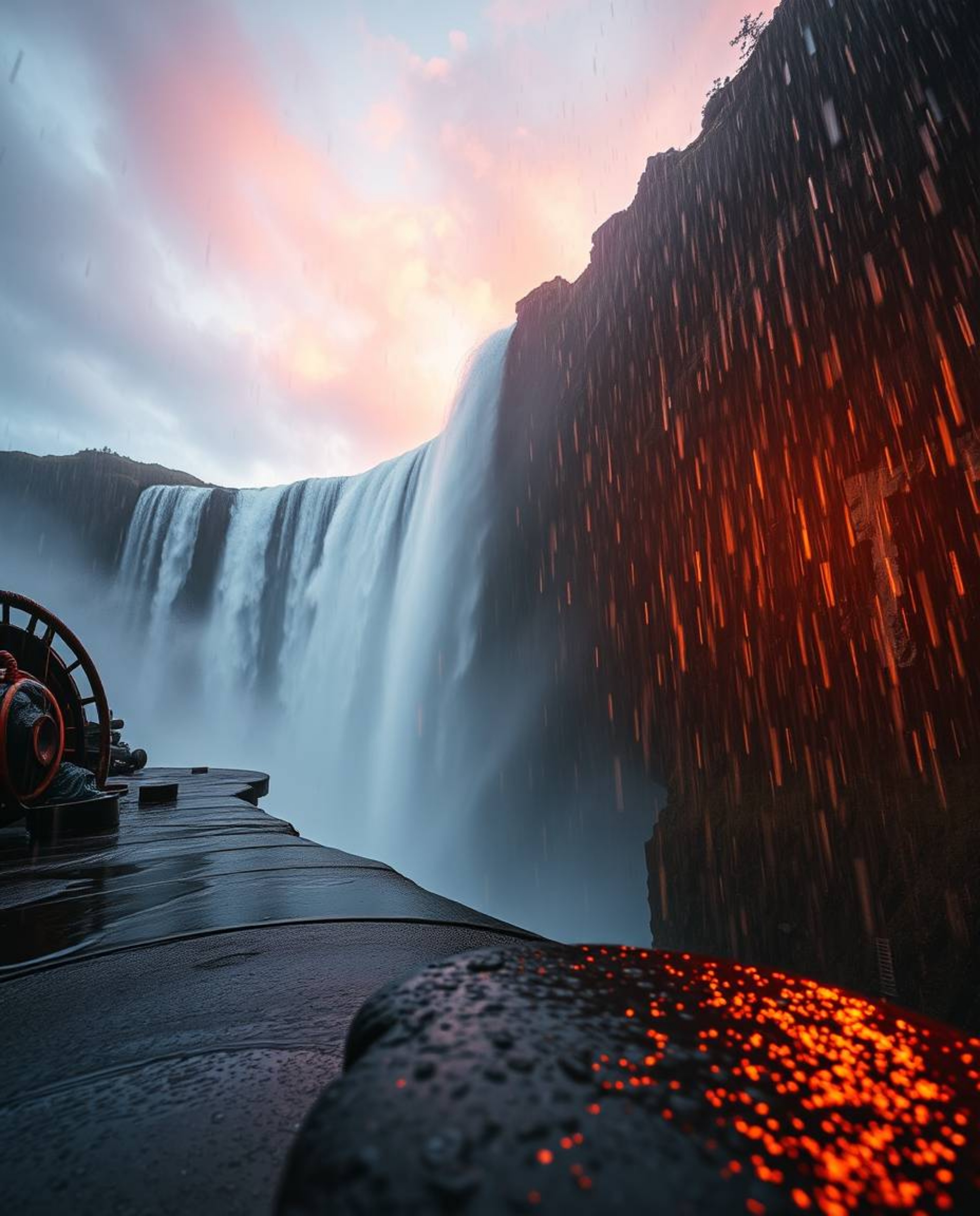 A high-angle perspective captures a wet, rainy scene at sunset behind a dramatic waterfall. The image is characterized by dri