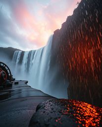 A high-angle perspective captures a wet, rainy scene at sunset behind a dramatic waterfall. The image is characterized by dri