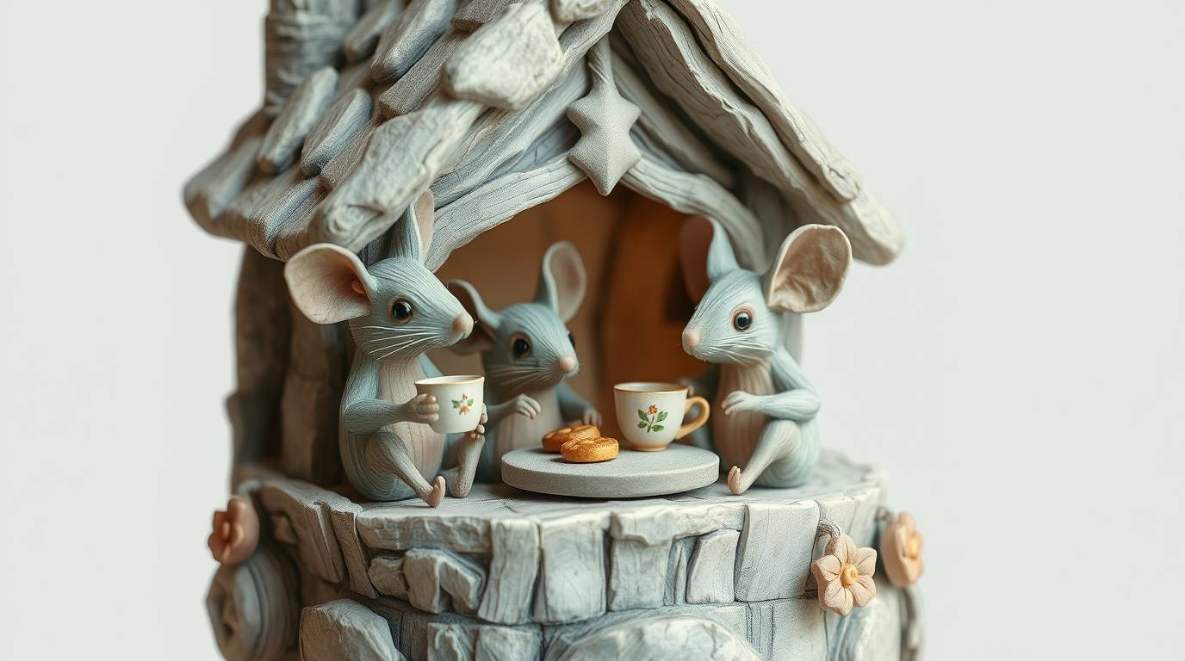 A whimsical scene featuring anthropomorphic mice enjoying a tea party inside a cozy cottage, meticulously crafted from layere
