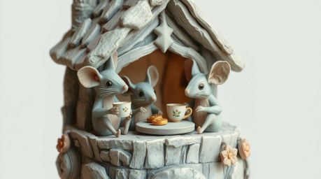 A whimsical scene featuring anthropomorphic mice enjoying a tea party inside a cozy cottage, meticulously crafted from layere