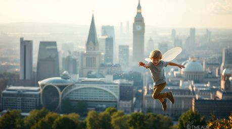 A captivating scene unfolds with a young boy taking flight above the majestic London skyline, propelled by delicate, pastel-c