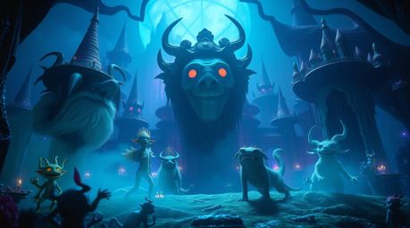 Explore a breathtaking fantasy kingdom brimming with quirky magical creatures, bathed in intense dramatic lighting that blend