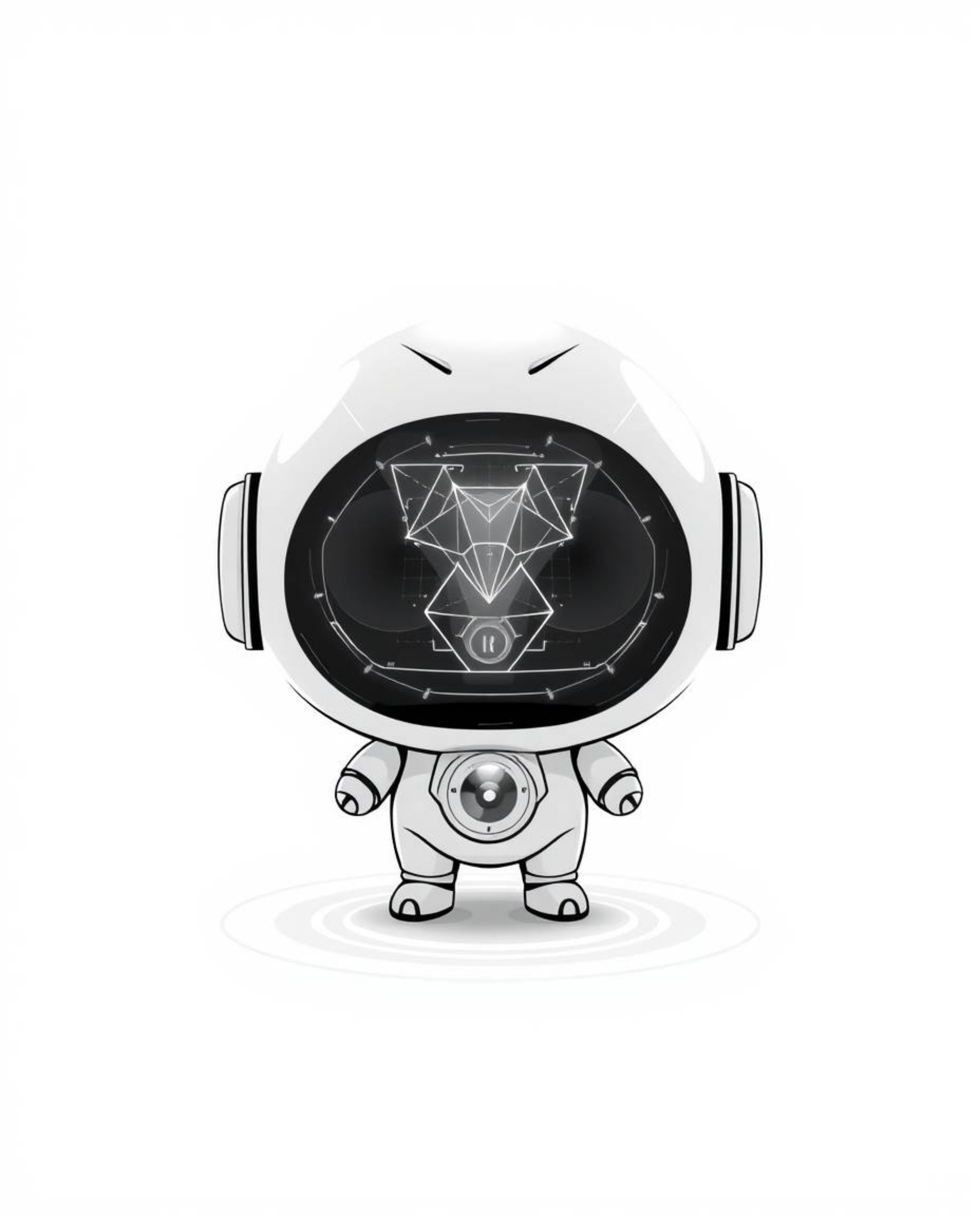 This classic black and white image showcases an adorable and cute futuristic digital interface. The design is characterized b