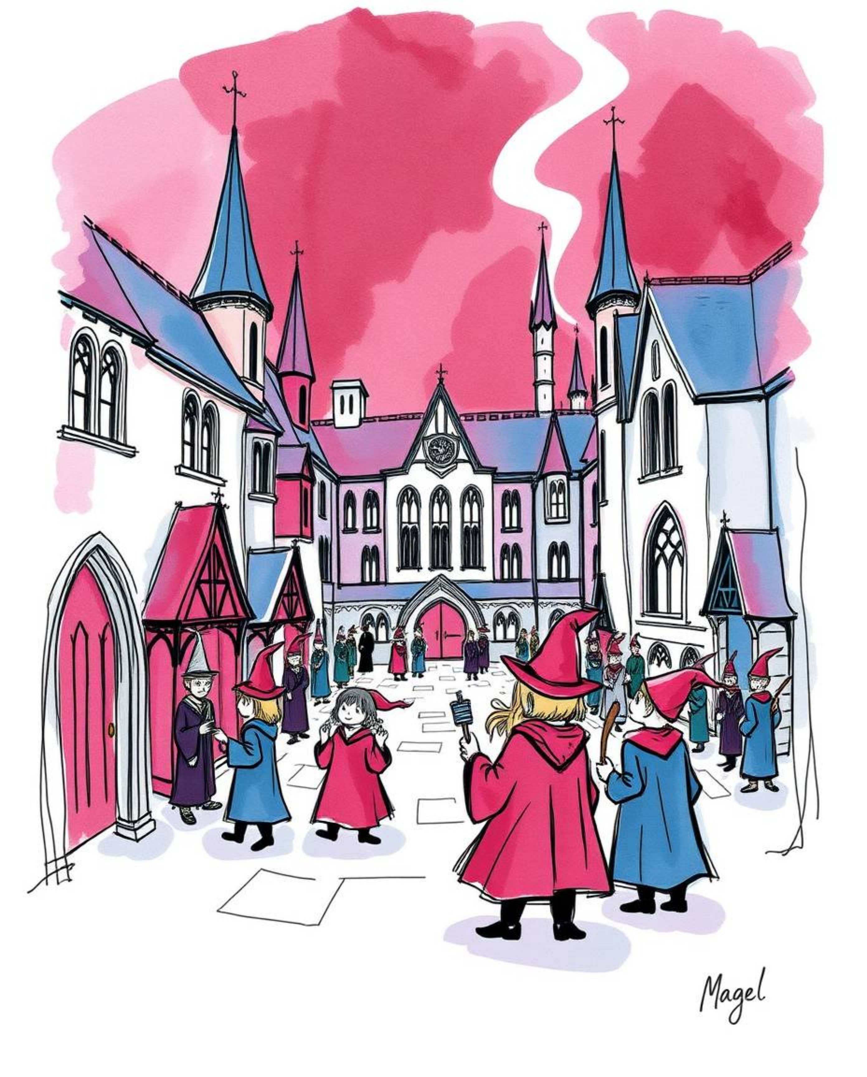 A sophisticated and elegant Color sketchnote depicts a magical school brimming with young wizards, rendered in rich burgundy