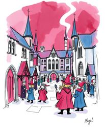 A sophisticated and elegant Color sketchnote depicts a magical school brimming with young wizards, rendered in rich burgundy 