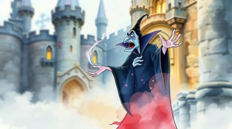A delicate watercolor painting showcases a classic Disney villain casting a spell within an ancient castle.  The artwork feat