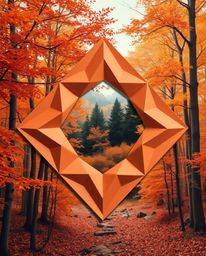 This intricate origami-style artwork features warm autumn colors and a digital glitch effect layered over a natural forest sc