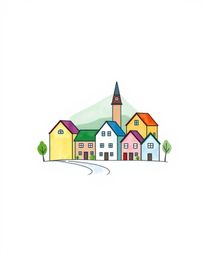 A charming watercolor logo design featuring a sleepy town with pastel-colored geometric houses.  The clean lines and balanced