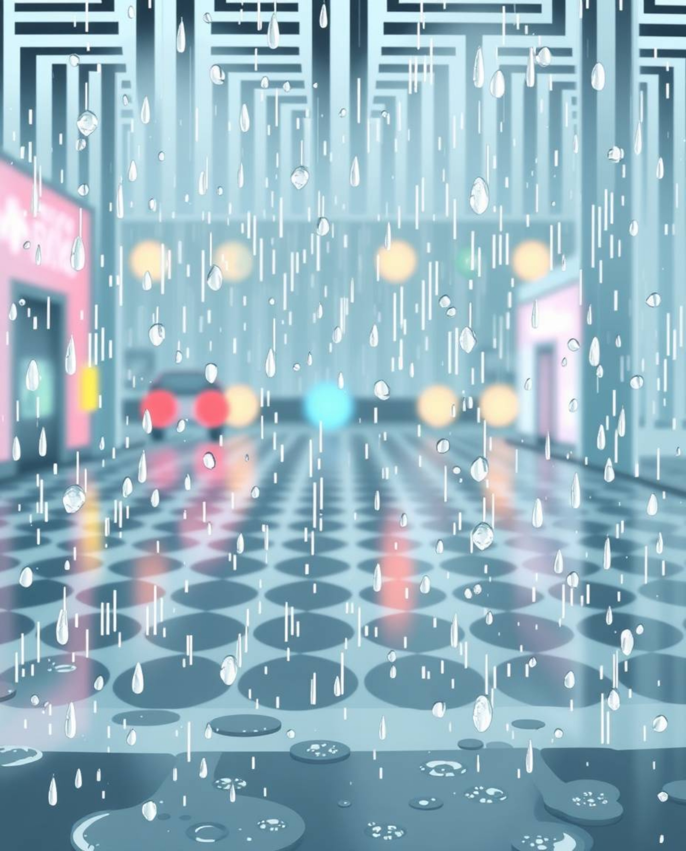 Capture the charm of a rainy day with an adorable and cute wet scene featuring a striking black and white geometric pattern i
