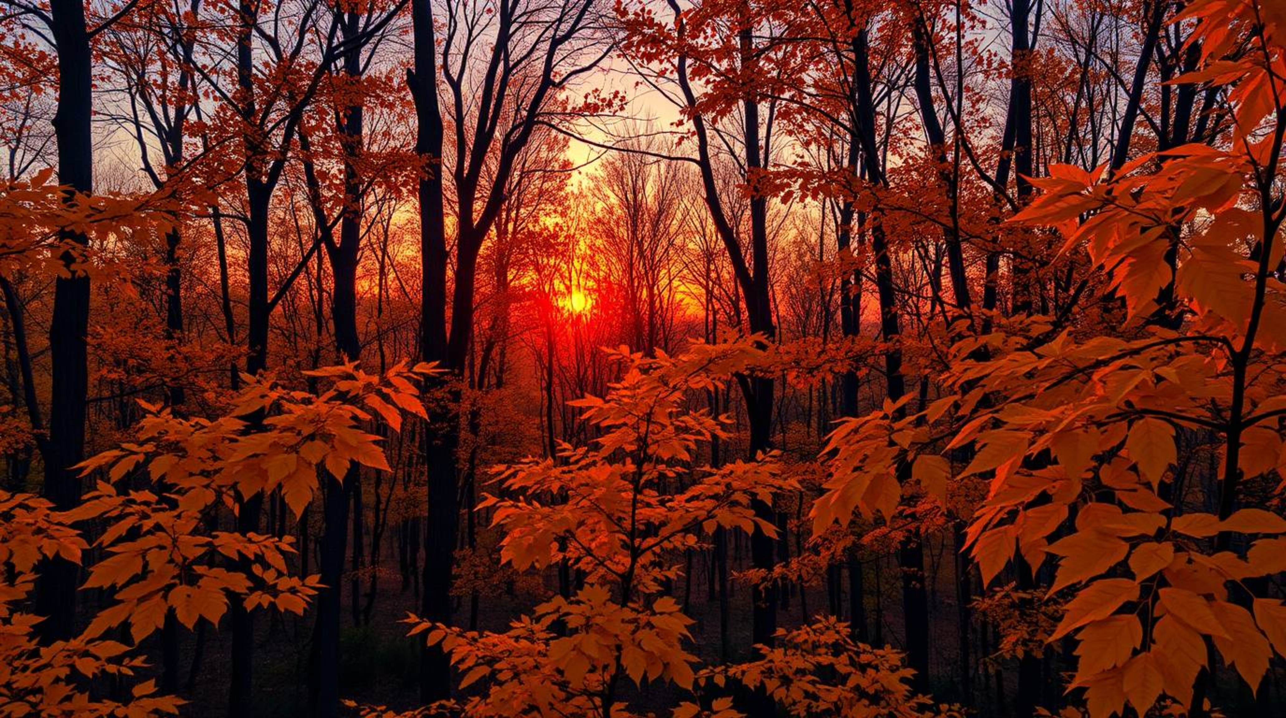 Experience the breathtaking beauty of an autumn forest at sunset.  Golden leaves stand out sharply against a rich background,