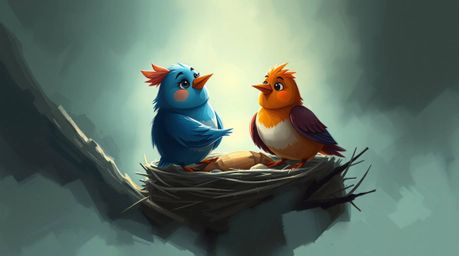 A captivating scene featuring two cartoon birds building a nest in a classic animation style, rendered as a rough, dynamic di