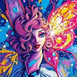 This stunning acrylic painting captures a fairy godmother in extreme macro detail. A swirl of sparkles surrounds her, showca