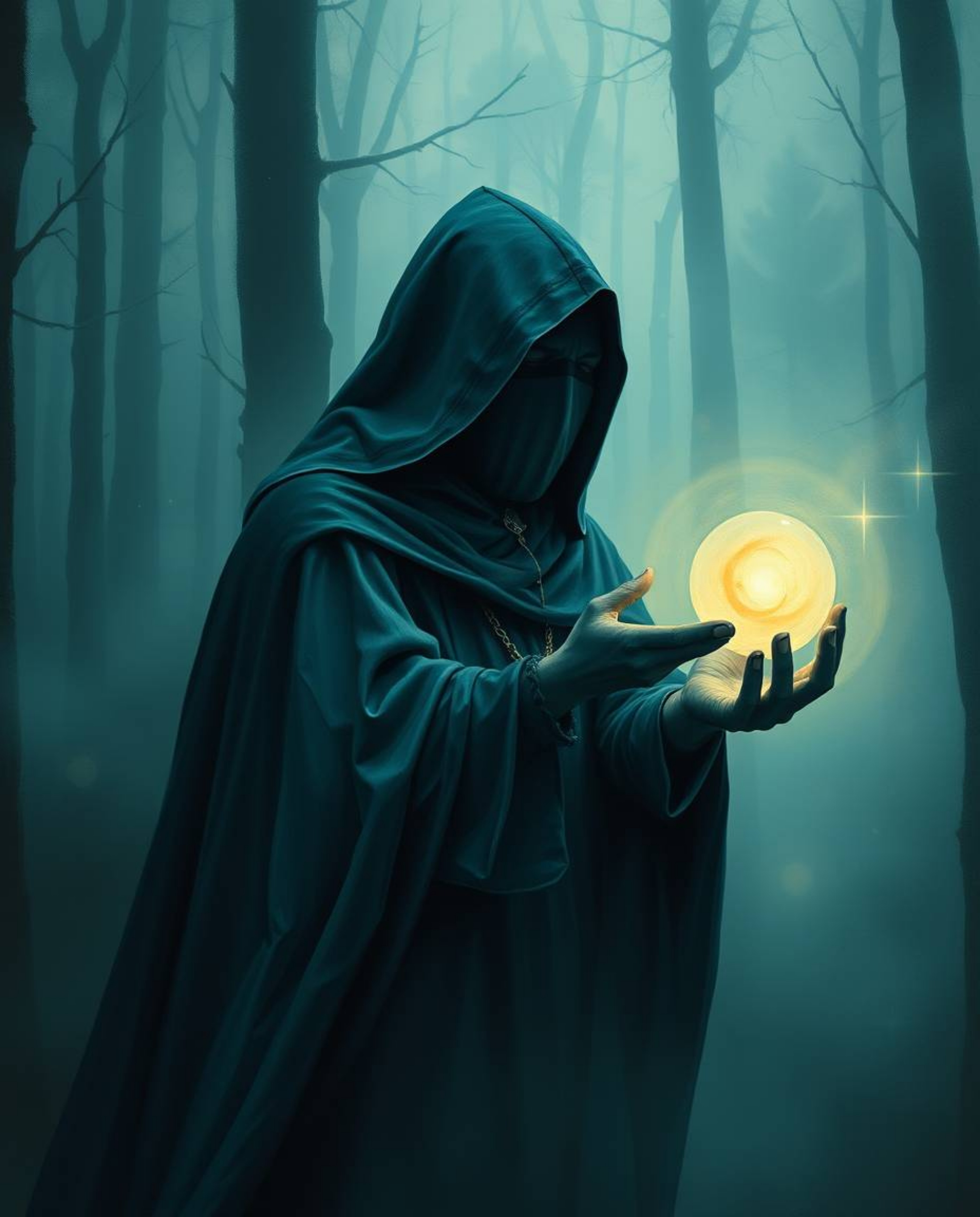 A cloaked figure stands shrouded in mystery within a misty forest, their deep teal cloak blending with the rich, vibrant hues
