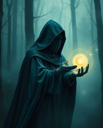 A cloaked figure stands shrouded in mystery within a misty forest, their deep teal cloak blending with the rich, vibrant hues
