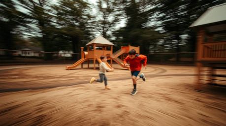 A captivating long-exposure photograph showcases a dramatic slow-motion run through a playground.  The image utilizes a muted
