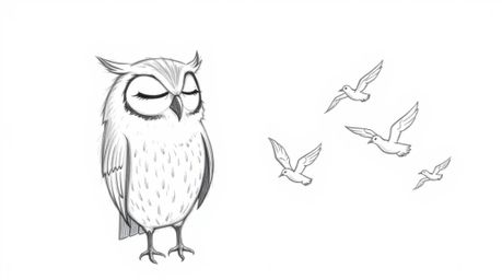 A heartwarming hand-drawn sketch in Pixar style depicting a wise, blind owl gently guiding a flock of birds to fly.  Using on