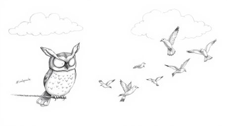 A heartwarming hand-drawn pencil sketch depicts a wise-looking blind owl with large, expressive ears, gently guiding a divers
