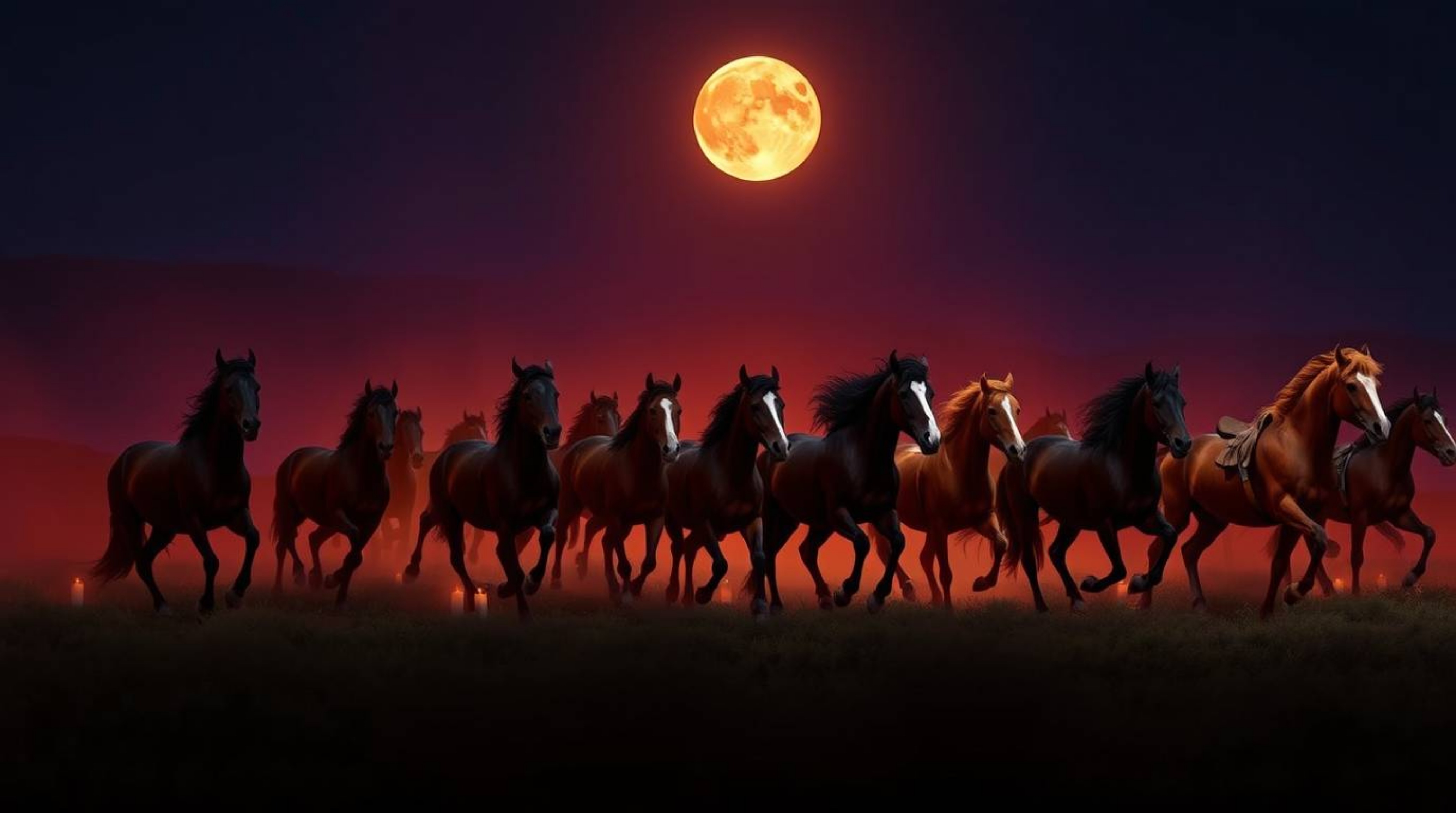 A captivating image depicting a herd of wild horses galloping under a vibrant night sky.  The artwork features rich burgundy 