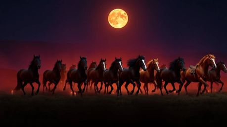 A captivating image depicting a herd of wild horses galloping under a vibrant night sky.  The artwork features rich burgundy 