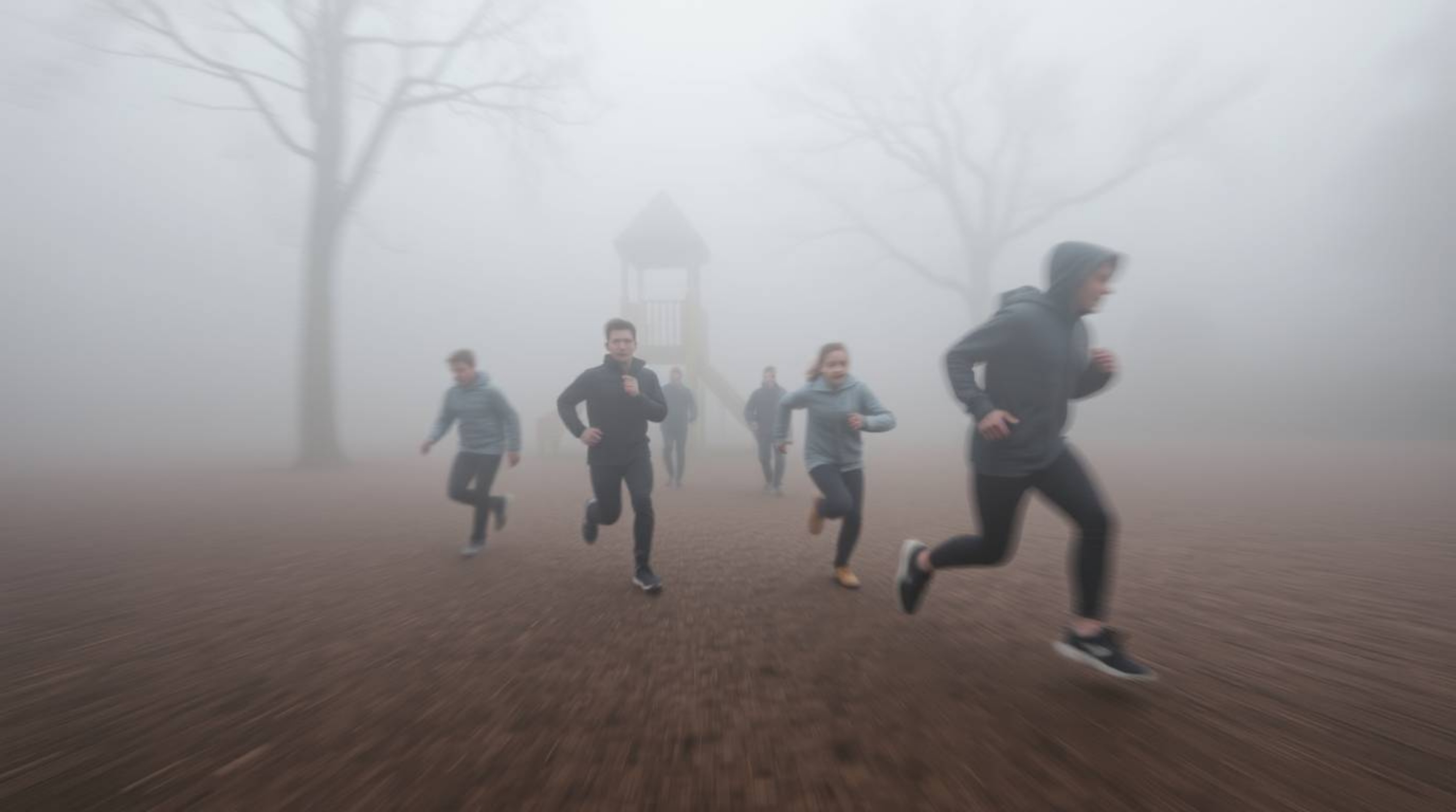 Experience a dramatic slow-motion run through a playground veiled in thick fog. This visual masterpiece utilizes dynamic moti