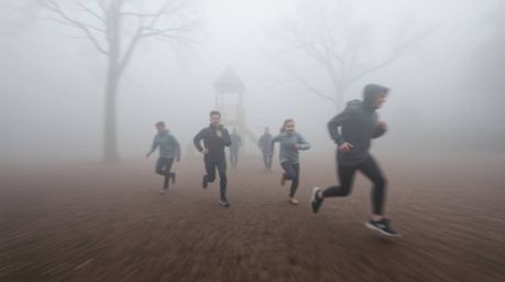 Experience a dramatic slow-motion run through a playground veiled in thick fog. This visual masterpiece utilizes dynamic moti