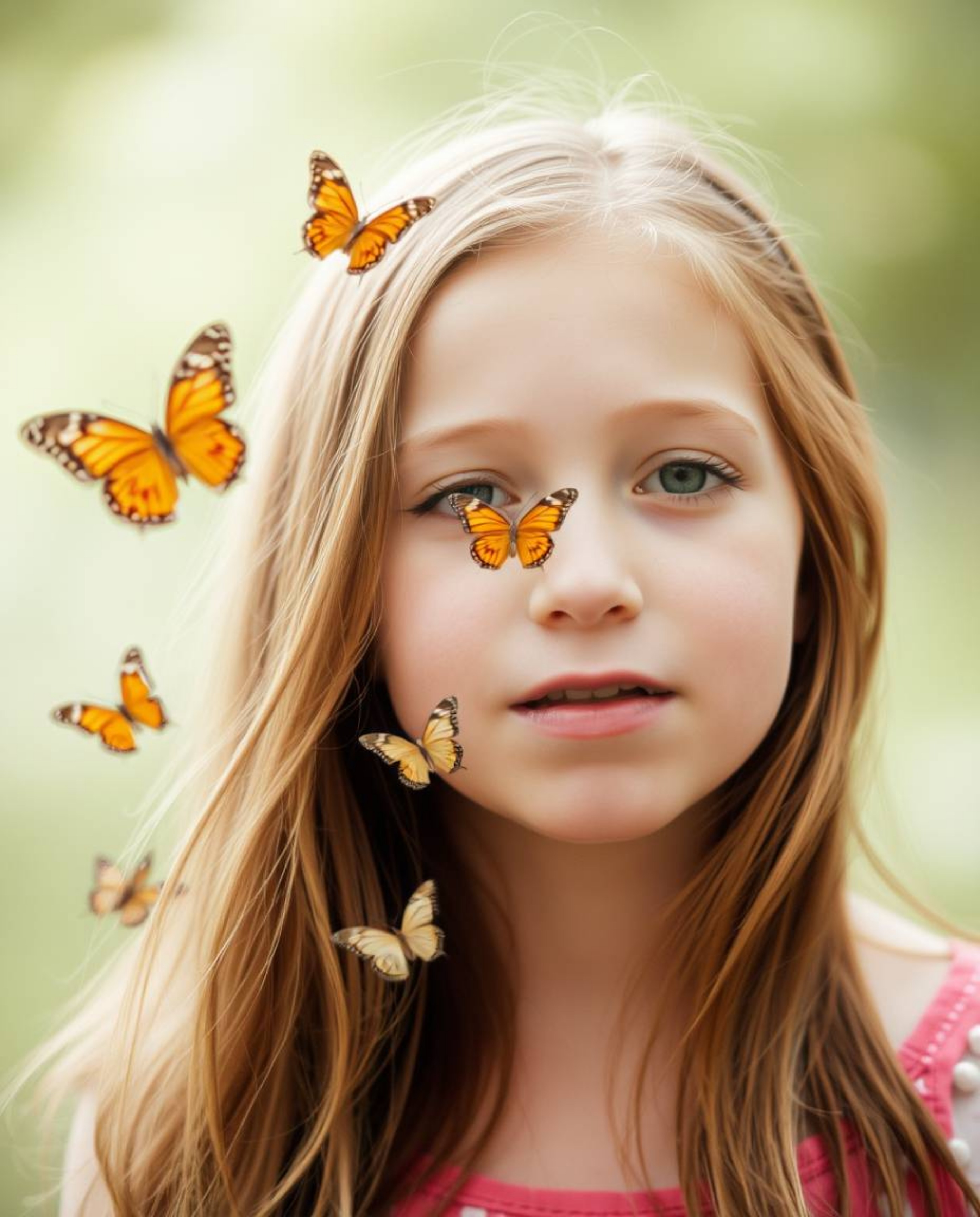 A captivating image of a girl with light brown hair gracefully releasing butterflies into the air. The photograph is taken in