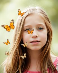 A captivating image of a girl with light brown hair gracefully releasing butterflies into the air. The photograph is taken in