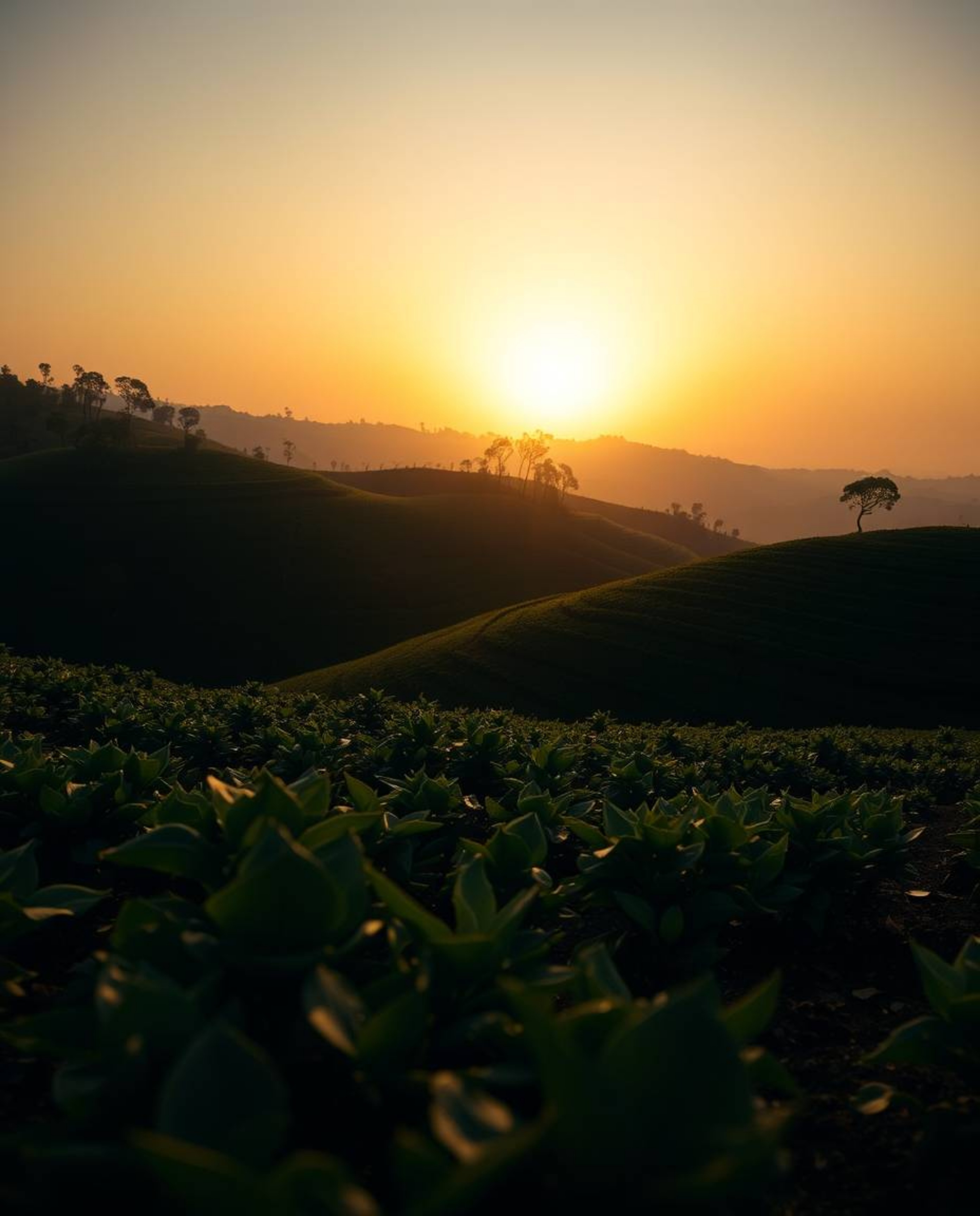 This is a dramatic close-up, high-contrast image capturing a sunset over terraced tea plantations. The scene is defined by st