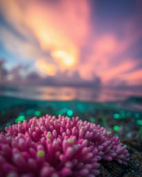 A stunning photograph captures a bioluminescent coral reef at low tide, set against the backdrop of a colorful sky. The image
