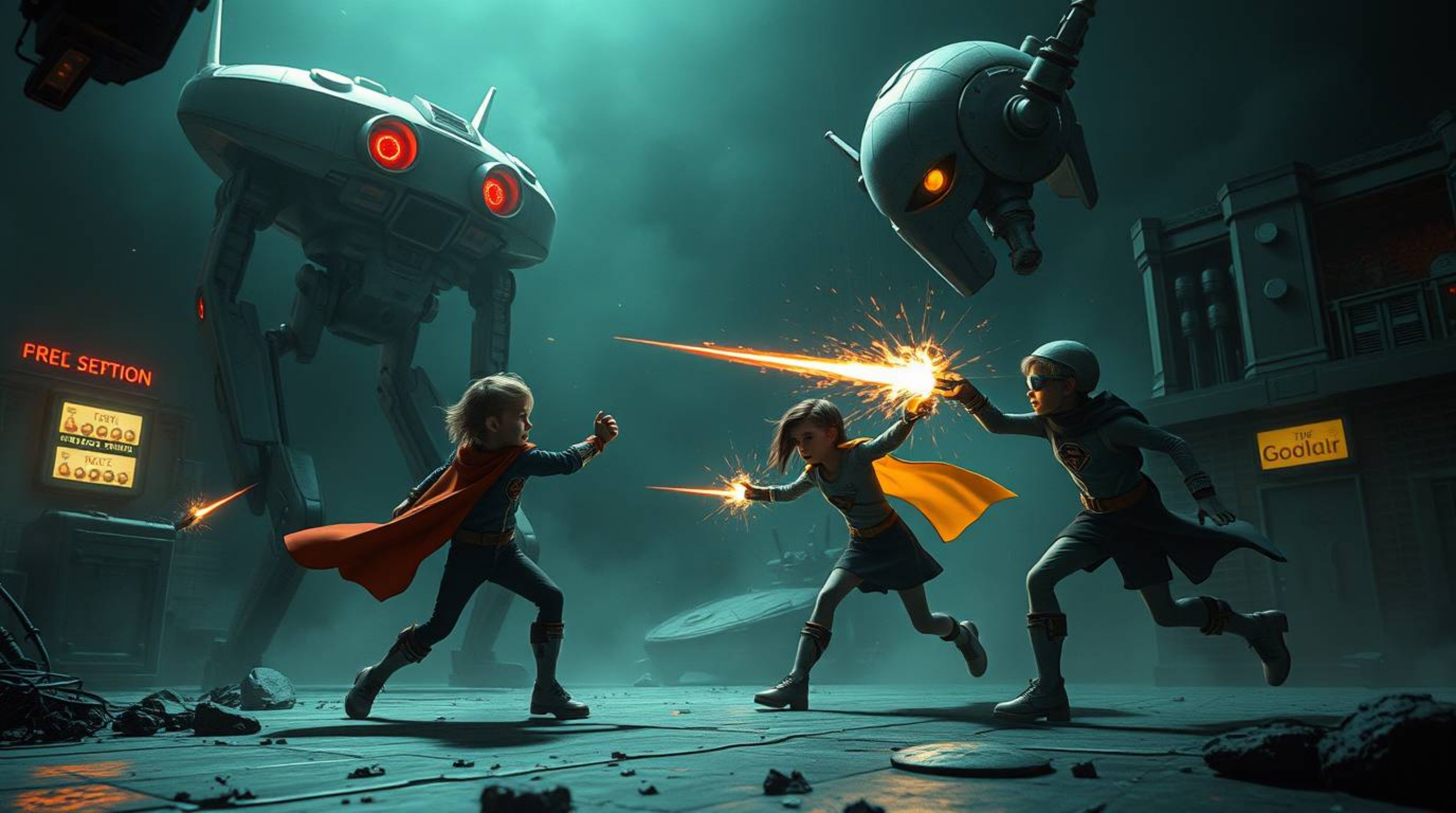 A thrilling image showcasing three superpowered children engaged in an intense battle against a menacing robot.  Set in a dar