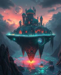 Explore a mesmerizing surreal floating island, a digital painting masterpiece showcasing strange architecture bathed in glowi