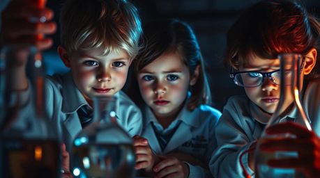 Capture the captivating moment of adorable children engrossed in thrilling science experiments. This high-contrast image feat