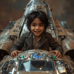 Discover exquisite high-fashion photography of a boy with a huge smile, standing proudly beside his incredible cardboard spac